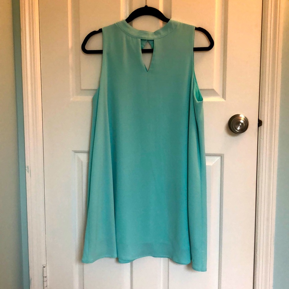 She + Sky aqua sleeveless Aline dress with keyhole neck